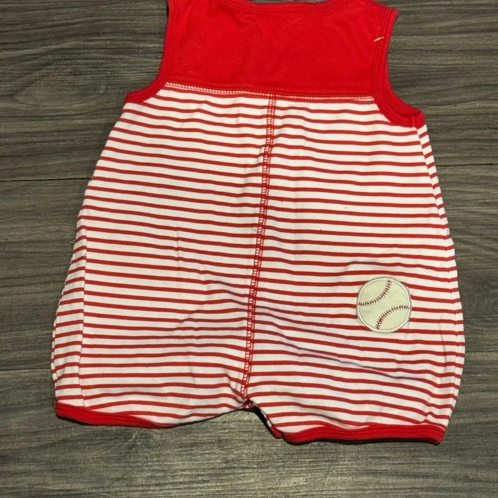 Vintage Okie Dokie Baby Bodysuit 6M Red White Striped Baseball Buddy Romper